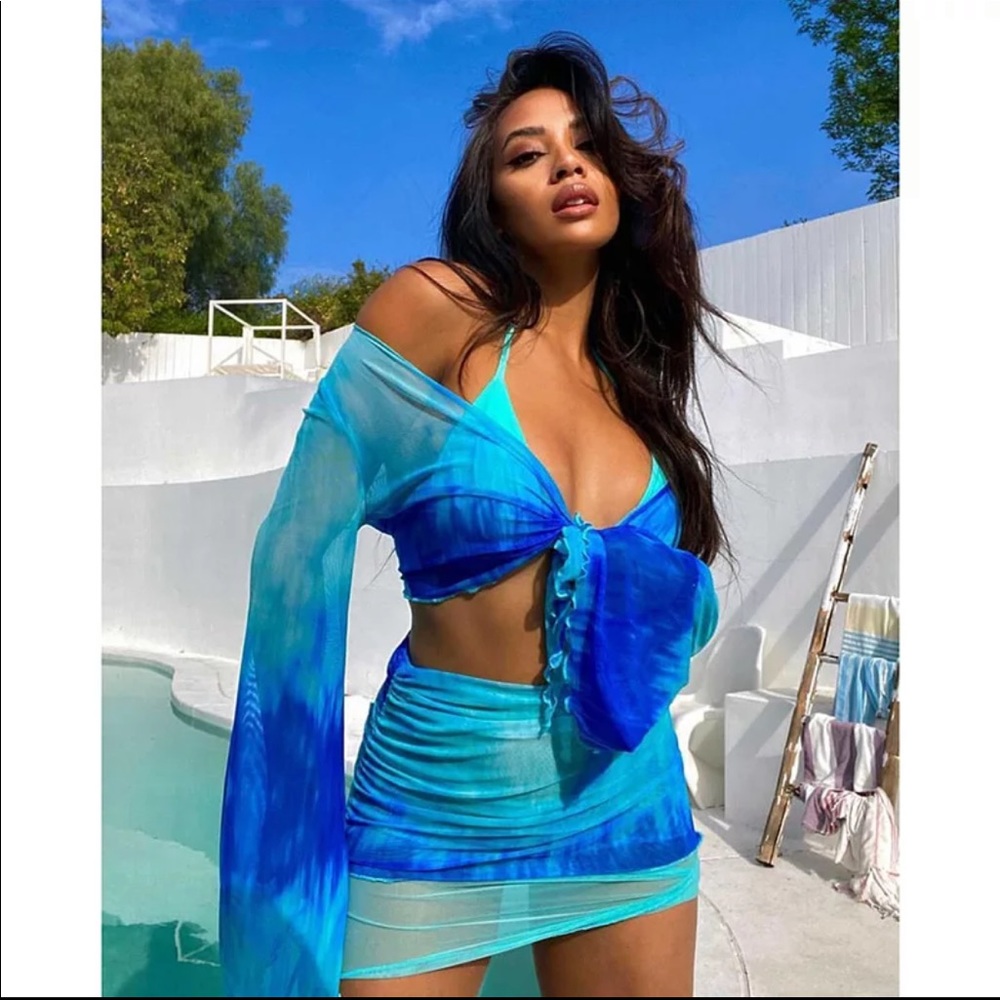 Blue Tie-Dye Sheer Swim Coverup Set